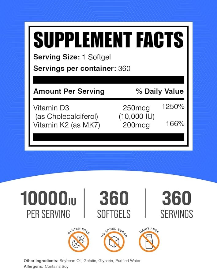 BulkSupplements.com Vitamin D3 + K2 10000 IU Softgels - K2 D3 Vitamin Supplement, for Immune Health - Gluten Free, 1 Softgel per Serving, 360 Count (Pack of 1)