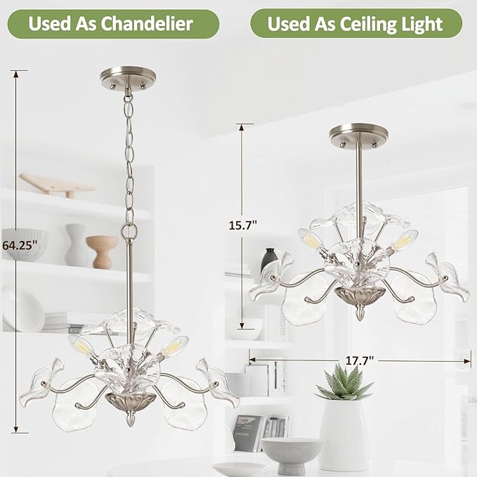 Luvkczc Modern Brushed Nickel Chandelier,Vintage Flower Glass Pendant Light Fixture,Mid Century Ceiling Light Fixture for Dining Room, Kitchen, Living Room, Bedroom Hallway Porch,3 Lights