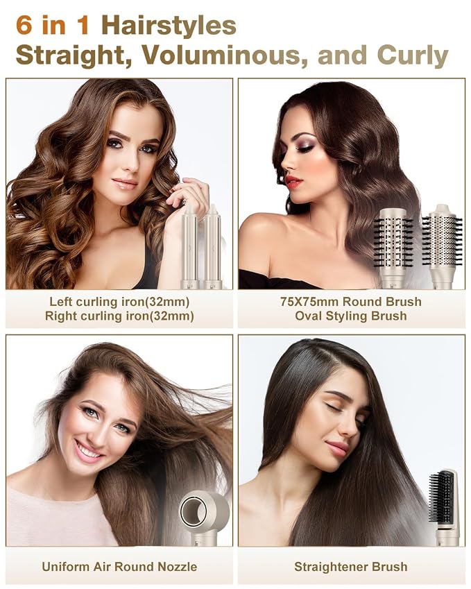 7MAGIC 6 in 1 Multi Hair Styler Dryer Brush, 110,000 RPM High-Speed, Negative Ionic, Fast Drying for Professional Blow Dry, Curling, Volumizing, Straightening and Styling, Gold