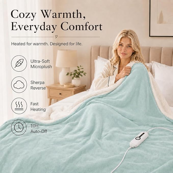 Electric Heated Blanket Queen Size 84"x90" – ETL Certified for Safe Overnight, 4 Heat Settings & 10H Auto Off, Dual-Sided Microplush Sherpa for Home Theater Night, Machine washable – Spring Green
