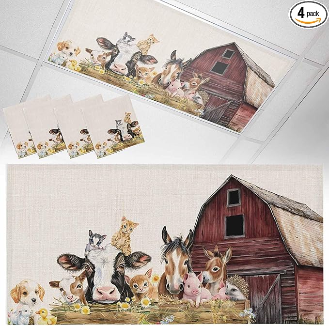 4 Pack Magnetic Fluorescent Light Covers, Farm Barn Horse Sheep Cat Animal Country Retro Linen Background Magnetic Light Covers for Ceiling Lights Classroom Office Home Decor