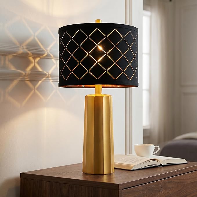 24" Modern Table Lamp for Living Room Bedroom, Gold Nightstand Resin Lamp with Black Grid Shade