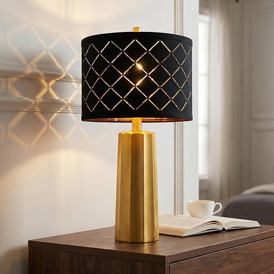 24" Modern Table Lamp for Living Room Bedroom, Gold Nightstand Resin Lamp with Black Grid Shade