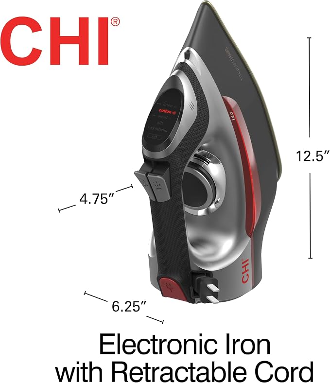 CHI Steam Iron for Clothes with Vertical Steam Burst, Titanium Ceramic Soleplate, Electronic Temperature Control, 1700W, 3-Way Auto Shutoff, 8' Retractable Cord