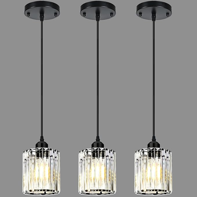 3 Pack Pendant Lights Kitchen Island, Modern Island Lights for Kitchen with Crystal Glass Shade – Luxury Pendant Light Fixtures for Kitchen Island, Dining Table, Entryway, Restaurant