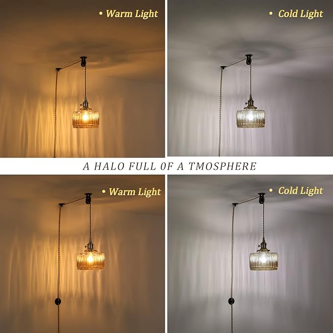 Shenmoyl Plug in Pendant Light Hanging Light Fixture Corded On/Off Switch Brass Pendant Light with Amber Striped Glass Lampshade for Bedroom Living Room Kitchen Island
