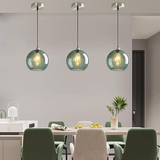 Modern 3-Pack Glass Globe Pendant Lights, Gray Green Modern Pendant Lighting for Kitchen Island, Glass Hanging Lamps for Dining Room Living Room Bedroom, Medium 7.87 Inch Fixture (Bulbs Not Included)