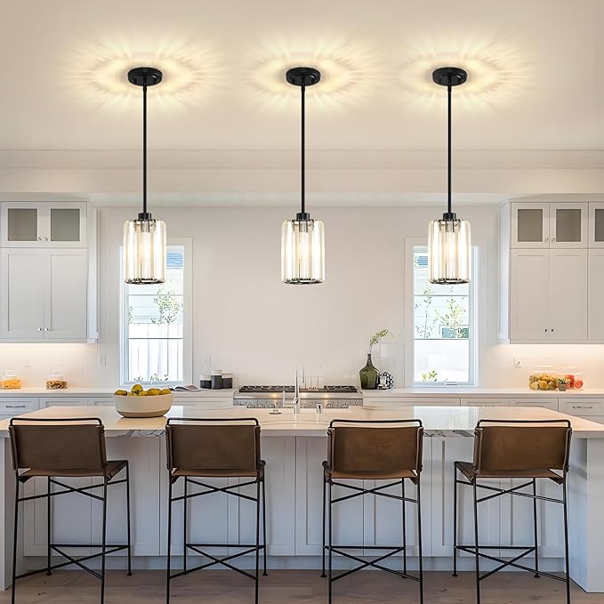 2 Pack Pendant Lights Kitchen Island, Modern Black Pendant Light Fixtures, Mini Chandelier Crystal Kitchen Island Lighting, Hanging Pendant Lights Fixture for Kitchen Island Dining Room Hallway Foyer
