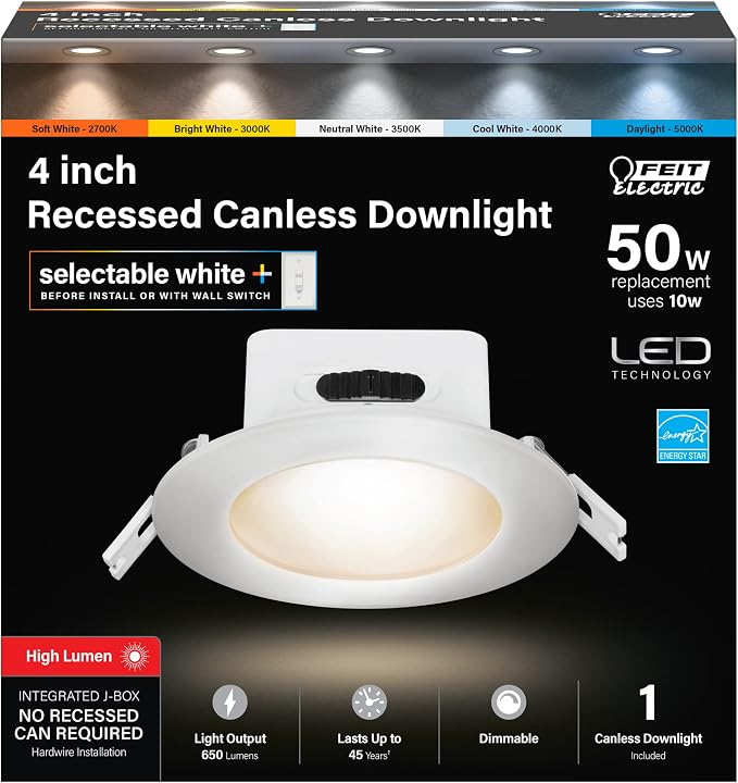 Feit Electric 4" LED Canless Recessed Downlights with Integrated Jbox, 50W Equivalent, Dimmable, 5CCT Selectable White, 90 CRI, 650 Lumens, 50,000-Hour Lifetime, LEDR4JBX/6WYCA/4, 4 Pack
