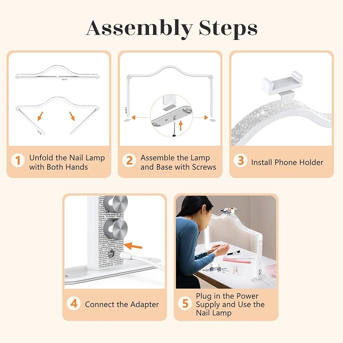 Yokilly Arc Half Moon Light: 34" Shadow-Free Half Moon Light for Desk Salon - Foldable LED Desk Lamp with Stepless Brightness for Manicurist (White)