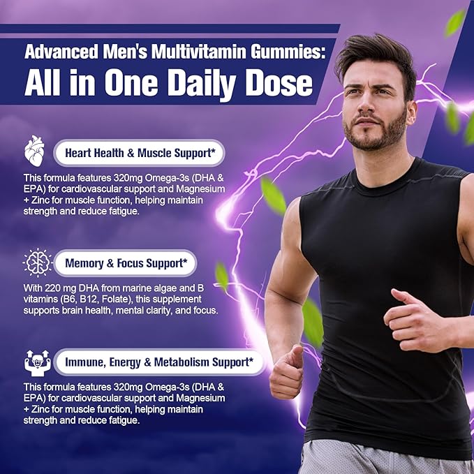 Multivitamines pour hommes, Gommes multivitaminées pour hommes avec Oméga-3, Probiotiques, Inositol, Folate, Biotine, Zinc, Vitamines A, C, D, E, B - Soutient le cœur, le cerveau, les muscles, l'énergie, Sans sucre, Saveur Mûre