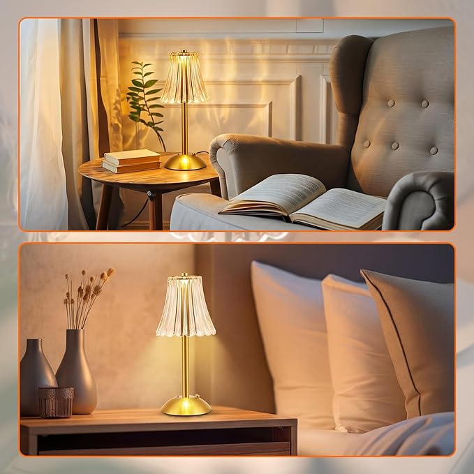 Liliful 2 Pcs LED Portable Cordless Table Lamp Touch Battery Operated Rechargeable Gold Desk Lamp 3 Color Dimmable for Bedroom Living Room Dining (Gold,Rose Style)