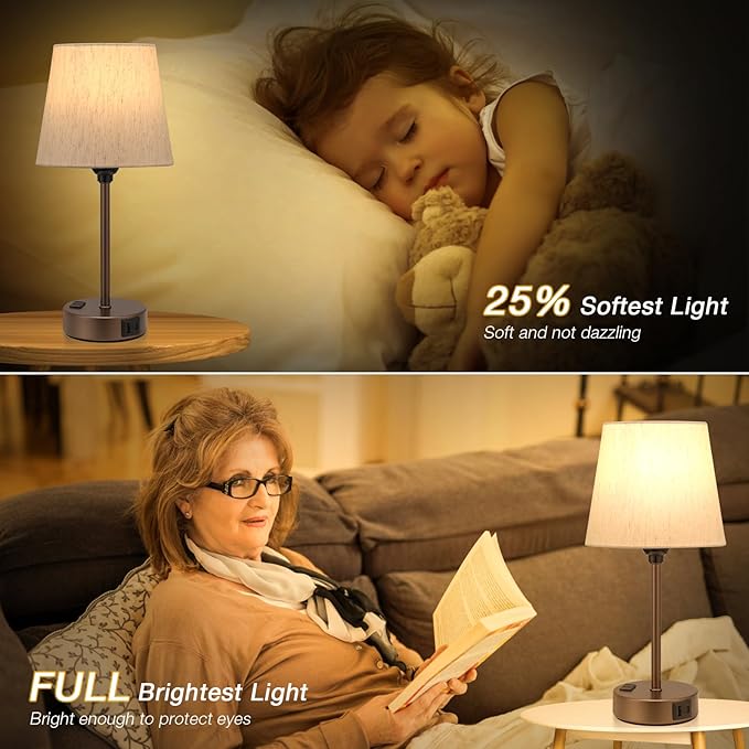 Brown Bedside Lamps for bedrooms Set of 2 - Nightstand Bedroom Lamp with USB C Port and AC Outlet Charging, 3 Way Dimmable Touch Control Small Bed Side Table Lamp, Nightstand Light for Kids