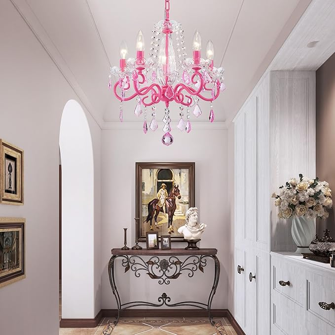 Small Crystal Chandelier, Modern Pink Chandeliers for Dining Room Light Fixture, Mini Crystal Pendant Light Bedroom for Ceiling Light Fixture for Living Room Entryway Kitchen Island Hallway