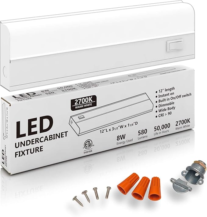 Hardwired LED Under Cabinet Lighting - Dimmable, CRI>90, 2700K (Warm White), Wide Body, Long Lasting Metal Base with Frost Lens 8 Watt, 12" Inch