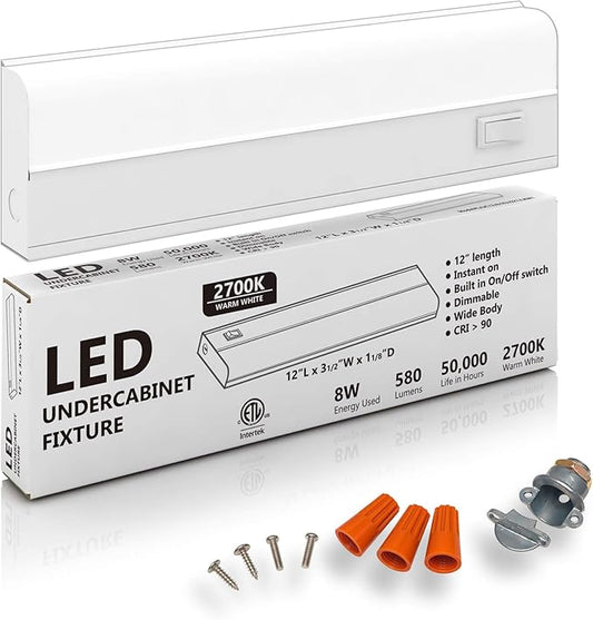 Hardwired LED Under Cabinet Lighting - Dimmable, CRI>90, 2700K (Warm White), Wide Body, Long Lasting Metal Base with Frost Lens 8 Watt, 12" Inch