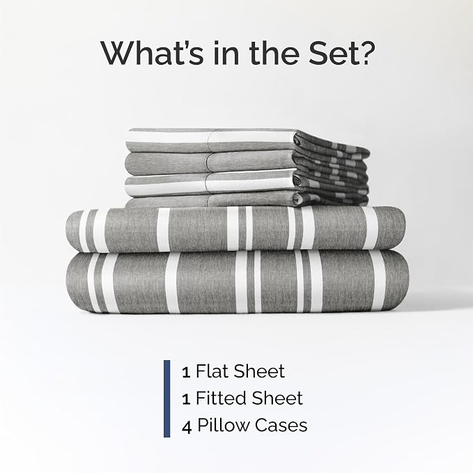 Cal King 6 Piece Sheet Set - Comfy Breathable & Cooling - Soft Hotel Luxury Bedding Set w/ 8-16 Inch Deep Pockets - 1 Flat & 1 Fitted Sheet & 4 Pillowcases - Wrinkle Free & Easy Care - Grey Stripes 3