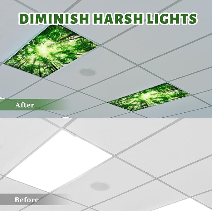 Hortsun 6 Pcs Fluorescent Light Covers - 4 x 2 Feet Magnetic Light Filters, Ceiling Lights Covers for Classroom Fluorescent Shade, Hospitals, School Office Cubicle Decor(Forest)