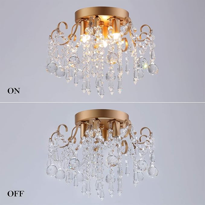 Q&S Small Chandelier,Modern Gold Mini Crystal Chandelier Ceiling Light Fixture for Bedroom,Hallway,Entryway E12 3-Light.