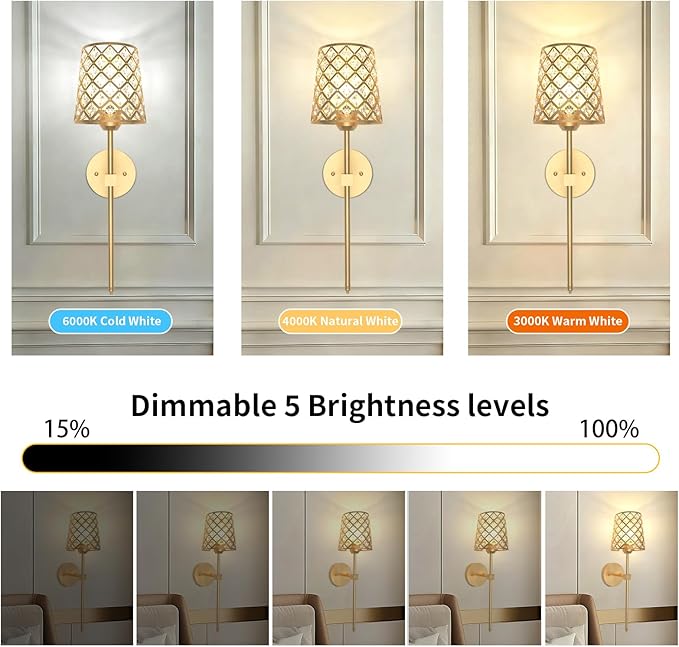 Crystal Battery Operated Wall Sconces Set of 2, Gold Rechargeable Wireless Wall Sconce Lights for Home Decor, Dimmable 12 RGB and 3CCT Wall Lamps with Remote for Living Room Bedroom Hallway