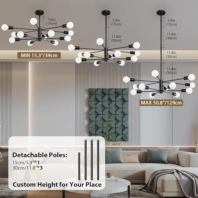 KAISITE Modern Sputnik Chandelier - 12-Light Black Farmhouse Ceiling Light Fixture for Dining Room, Kitchen, Living Room