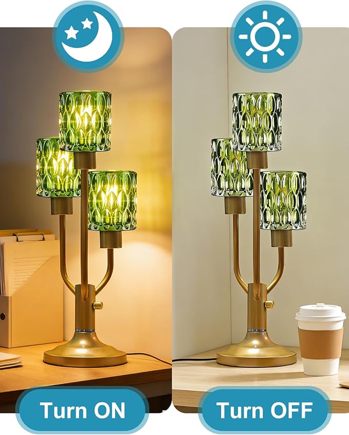 Mid Century Modern Glass Green Table Lamp Dimmable Nightstand Lamp Gold Vintage Desk Lamp 3 Bulbs Included Warmwhite Ambient Bedside Lamps for Living Room Bedroom End Table Office Home Decor