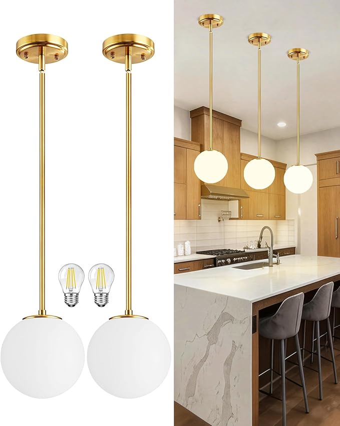 Majade Globe Pendant Lights Kitchen Island Mid Century Modern Pendant Light Fixtures 2 Pack 7.4 Inch Gold Ceiling Lighting with Milk Glass Shade Adjustable Brushed Brass Hanging Light for Dining Room