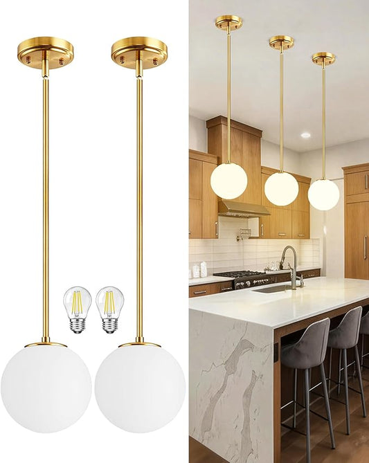 Majade Globe Pendant Lights Kitchen Island Mid Century Modern Pendant Light Fixtures 2 Pack 7.4 Inch Gold Ceiling Lighting with Milk Glass Shade Adjustable Brushed Brass Hanging Light for Dining Room
