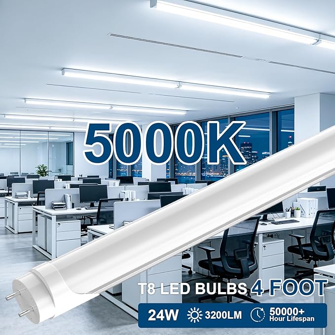 JESLED Fluorescent Light Bulbs 48 Inch, T8 LED Bulbs 4 Foot Type A+B, 24W 3200LM 5000K Frosted, F32T8/F40T12 Replacement for Garage, Workshop, Office Fixtures, Single or Double End Powered, 4 Pack