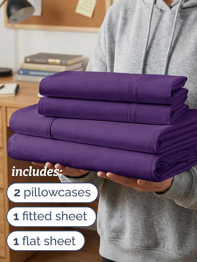 Twin XL 4 Piece Sheet Set - Comfy Breathable & Cooling - Ultra-Soft Hotel Luxury Bedding Set with 8-16 Inch Deep Pockets - 1 Flat & 1 Fitted Sheet & 2 Pillowcases - Wrinkle Free & Easy Care - Purple