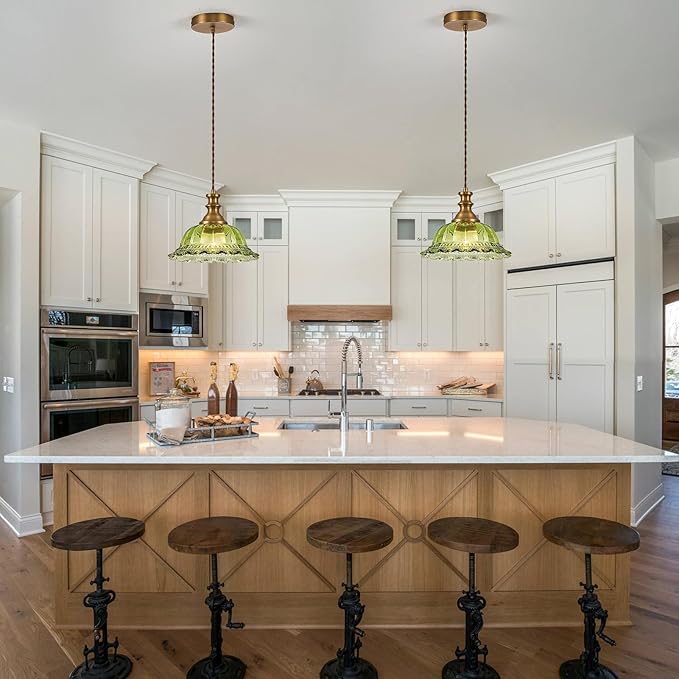 HDDFL Glass Pendant Lights Modern Pendant Lighting Fixtures Hanging Lamp for Kitchen Island Bedroom Dining Room Coffee Shop Hallway Green and Brass 2 Pack