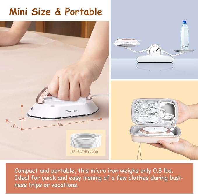 Newbealer Travel Iron Set, 100-240V Mini Dry Iron for Clothes (No Steam) | Max 300W, Heats in 60s, 302℉ Ceramic Soleplate, Handy Heat Press, 0.8lbs Lightweight for Quick Touch-ups, Gold with Hard Case