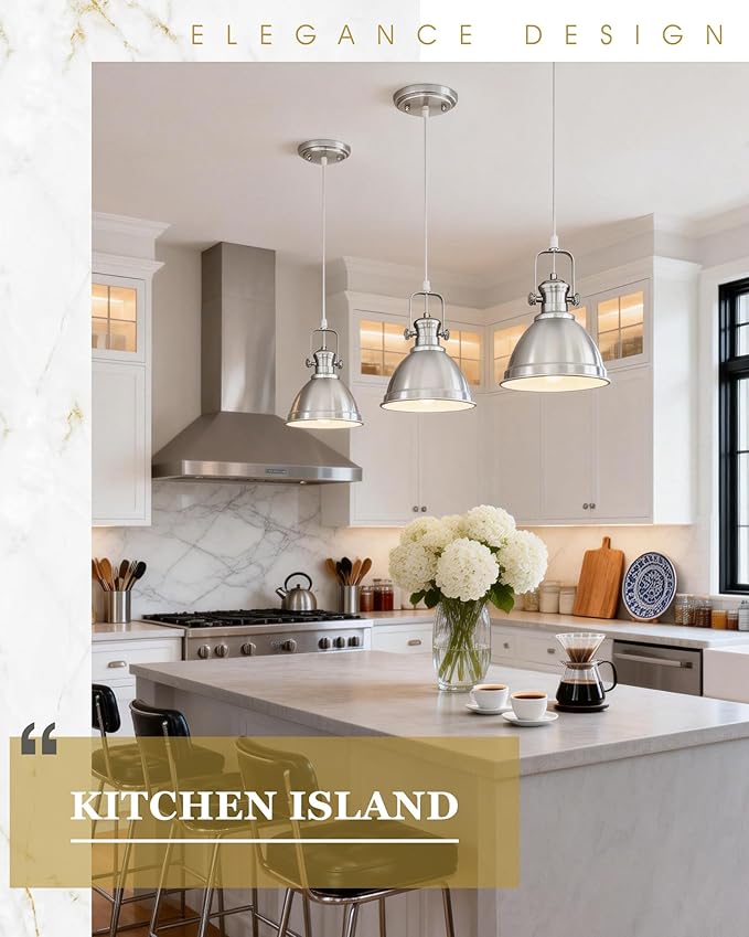 Pendant Lights Kitchen Island, 8" Farmhouse Hanging Lights Fixtures with Metal Shade, Rustic Kitchen Pendant Lighting Over Island for Dining Room, Brushed Nickel, AD-2151-1PM-SN