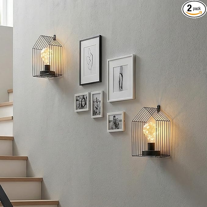 JHY DESIGN Set of 2 Battery Operated Wall Sconce 7''H Metal Wall Mount Lamp with 6-Hour Timer and Fairy Lights Bulb Table Lamp Wall Decor for Bedroom Living Room Hallway Stairway(House Shape)