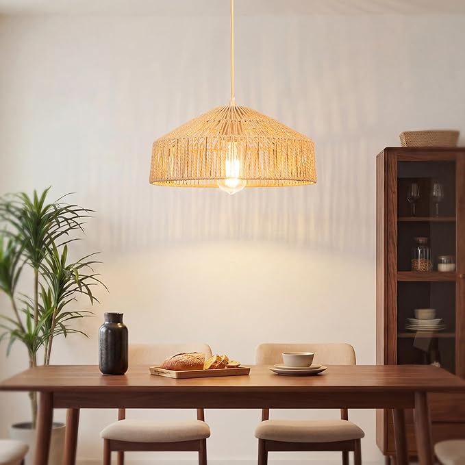 Qingmiao Boho Plug in Pendant Light, Rattan Hanging Lamp Plug in with Woven Shade, 3-Way Dimmable Hanging Light Fixture for Living Room Bedroom Kitchen Ceiling Home Decor