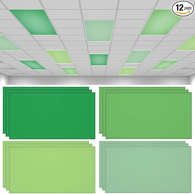 QOUBAI 12PCS Fluorescent Light Covers, 4x2 Feet Magnetic Light Cover Fluorescent Lights Shade Panel Positive Inspirational Ceiling Lights Filters for Office Classroom Home Drop Ceiling Green