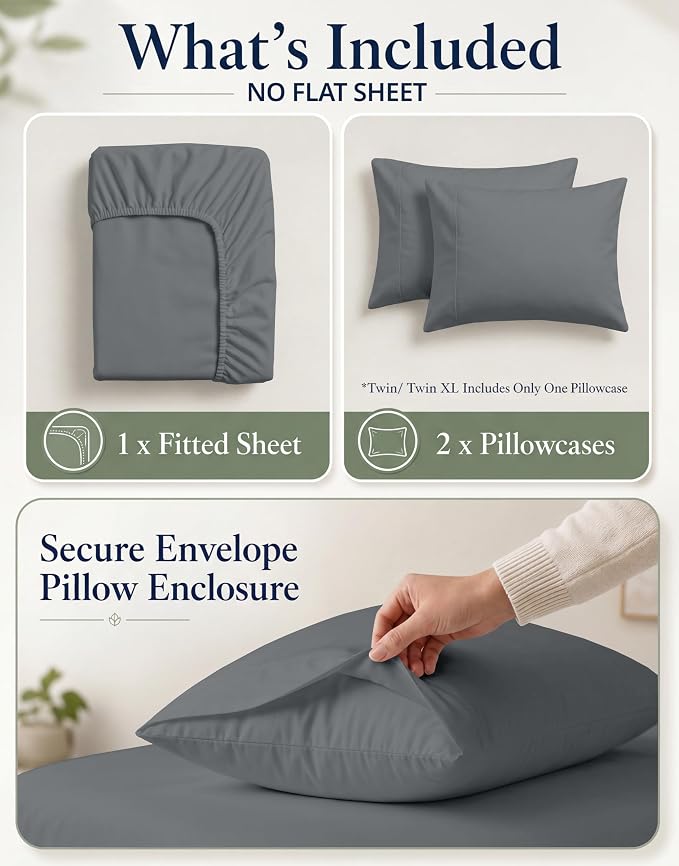 LANE LINEN Queen Fitted Sheet, 100% Organic Cotton Soft & Comfy Fully Elasticized Mercerized Cotton Sung Fit 15" Deep Pocket All Weather Queen Size Fitted Sheet Only (+Pillowcases) - Charcoal
