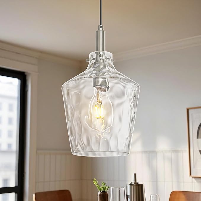 Modern Hammered Glass Pendant Lighting for Kitchen Island 1 Pack, Farmhouse Nickel Pendant Light Fixtures, Height Adjustable Ceiling Pendant Light, 8 Inch
