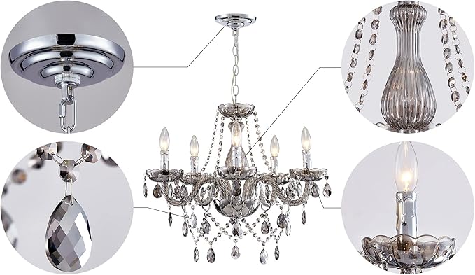 Saint Mossi 5 Light Modern K9 Crystal Chandelier, Contemporary Pendant Ceiling Lighting Fixture for Dining Room,Bedroom,Living Room with Adjustable Chain (Smoky Gray)