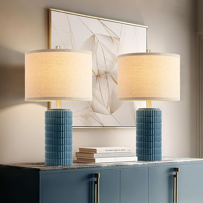 AIEAMPDO 23'' Set of 2 Farmhouse Ceramic Table Lamps for Living Room, Rustic Nightstand Lamp for Bedroom, Office, Dorm, Hallway, 2 LED Bulbs Included