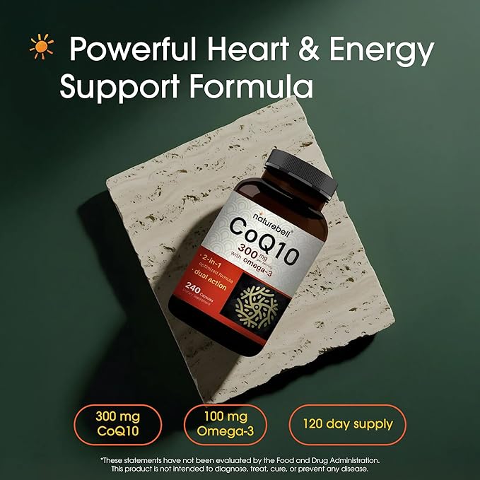 NatureBell CoQ10 300mg - 240 Capsules - High-Potency Support for Healthy Heart - Daily Energy & Vitality Aid with Antioxidant Support - Easily Absorbed Ubiquinone & Omega-3*