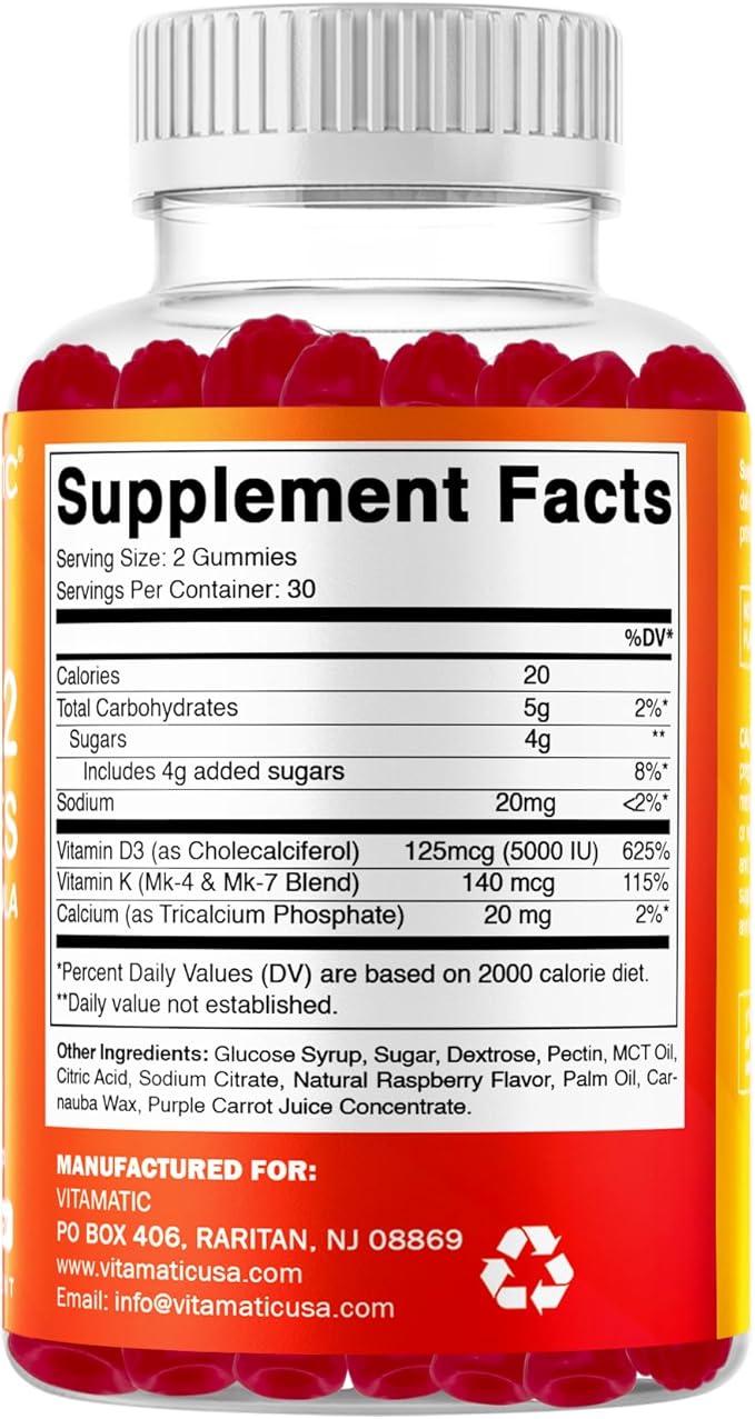 Vitamatic Bonbons Gommes Vitamine D3 et K2 (Lot de 2, 60 unités) Soutient la santé des os, la santé cardiaque, l'absorption du calcium et la fonction immunitaire À base de plantes, Sans OGM, Sans gluten