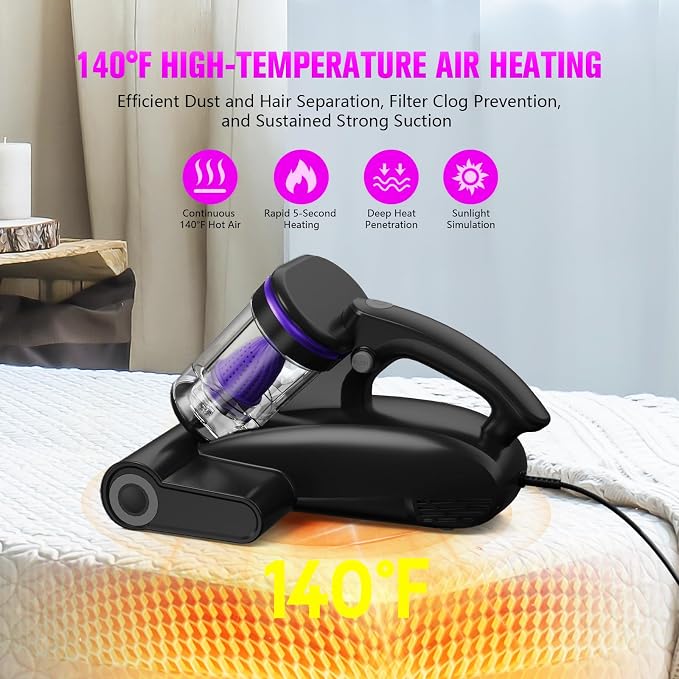 Bed Vacuum Cleaner Mattress Vacuum Cleaner,16Kpa Powerful Handheld Vacuums with UV-C Light & Double Dust Cup & High Heating & Ultrasonic & HEPA Filter for Bed Sofa(Corded,Midnight Purple)