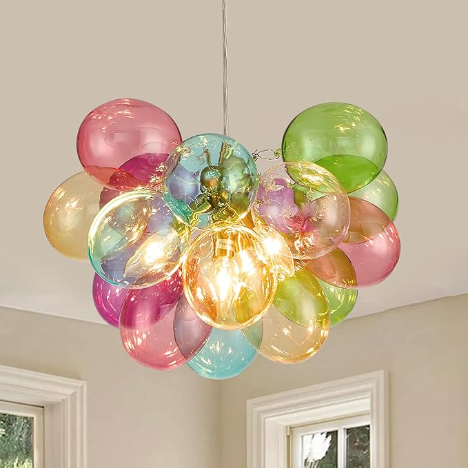Surpars House Colorful Bubble Balls Chandelier, Modern Glass Ceiling Light, 4 Lights Pendant Lighting Fixture for Bedroom,Livinng Room,Dining Room
