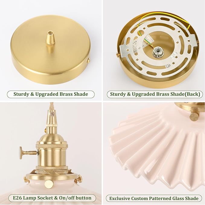 Shenmoyl Pendant Light 2 Pack with Pink Pleated Ceramic Lmapshade, Brass Vintage Pendant Light Adjustable Hanging Light for Kitchen Island Dining Room Hallway