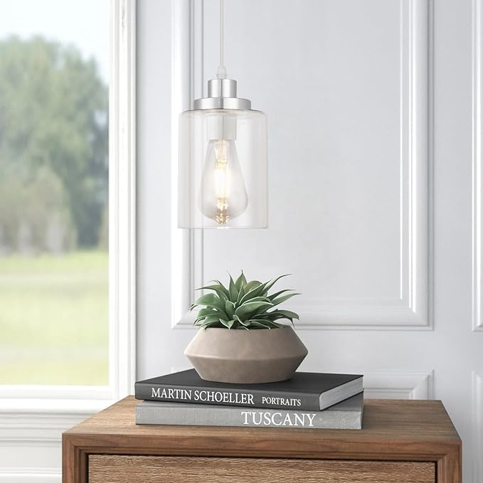 WimiSom Industrial Pendant Lighting, Modern Clear Glass Shade Pendant Lights, Adjustable Hanging Light Fixtures, Farmhouse Pendant Lighting for Kitchen Island Living Room Bedroom Hallway 3-Pack