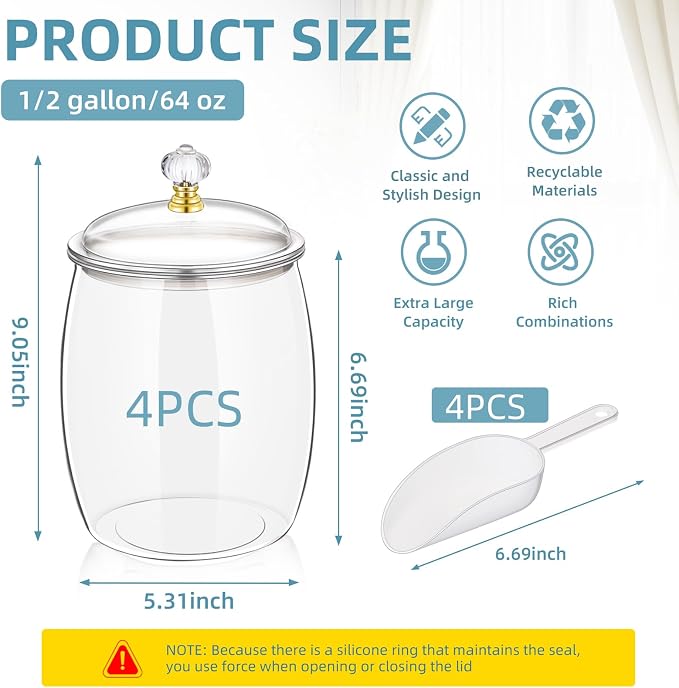 mwellewm 4 Pcs Candy Jars With Lids&Spoons 1/2 Gallon Clear Plastic Cookie Container Large Airtight Apothecary Storage Organization Hard Snack Buffet Canister for Wedding Home Kitchen Bar Decoration