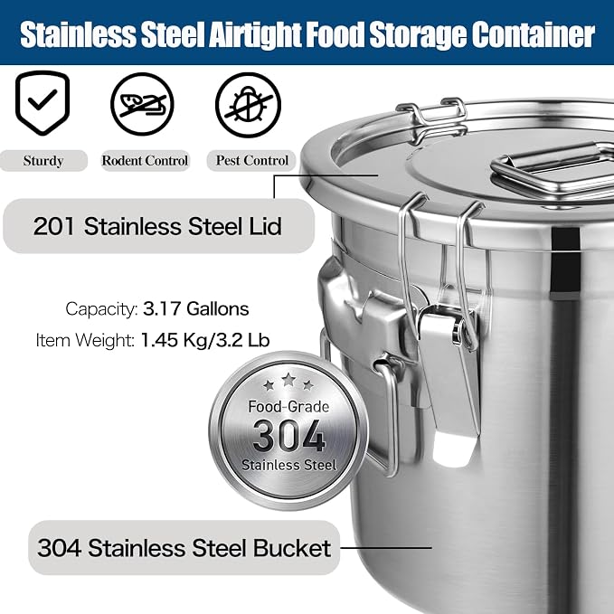 3.17Gal/12L Stainless Steel Airtight Canister, Airtight Food Storage Container with Lid and Lock Clips, 304 Stainless Steel Bucket for Rice, Flour, Grain, Coffee Bean