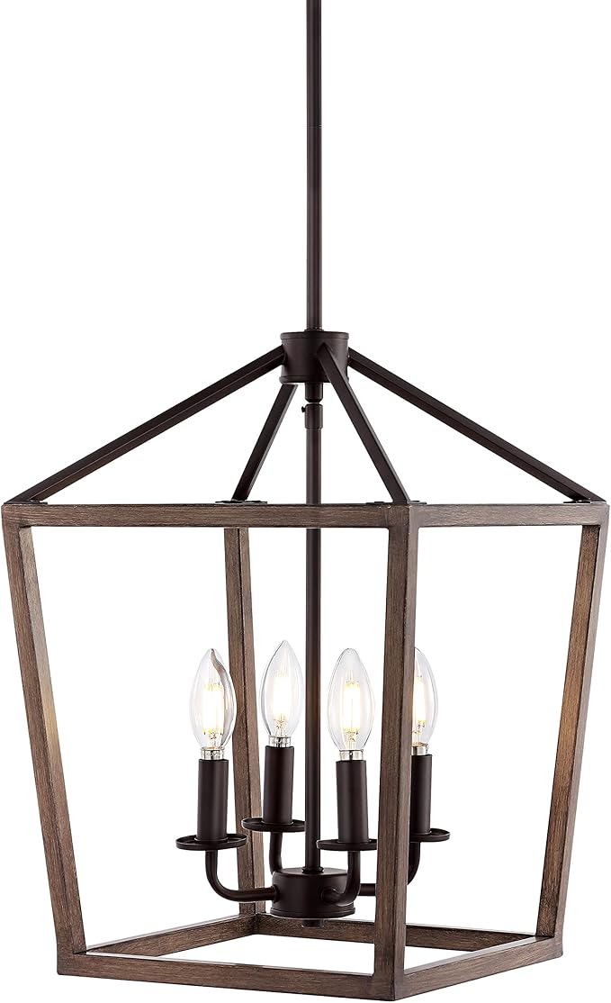 JONATHAN Y 13" Oil Rubbed Bronze/Faux Wood 4-Light Farmhouse Lantern Pendant Light, LED Cage Chandelier for Kitchen Island, Foyer, Entry, Metal Wood Finish Shade, Bulbs Included (JYL1322A)