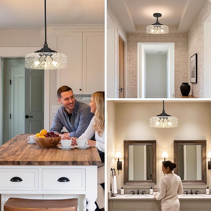 3-Light Adjustable Pendant Lights Kitchen Island, Black Pendant Light Fixture with 12" Clear Hammered Glass Shade, Modern Drop Light for Bathroom, Hallway, Convertible Ceiling Mount Or Hanging Fixture